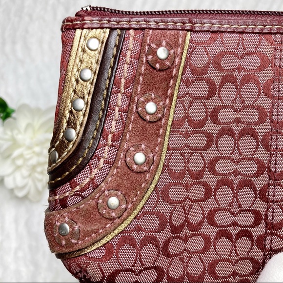 Coach Wine Wristlet Signature Canvas Studs Leather - Picture 5 of 9